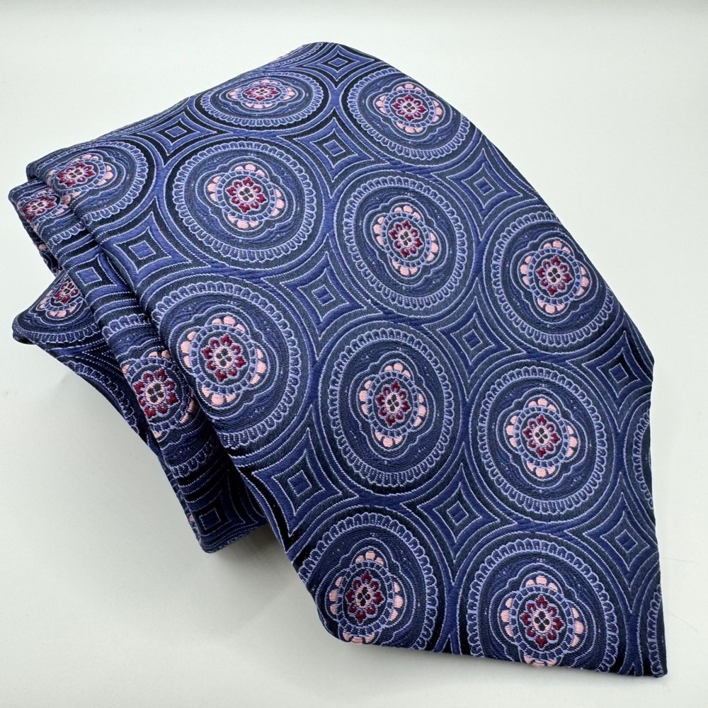 Daniel Cremieux Mens Silk Tie Blue Purple Pink Blue Medallion Geometric Luxury